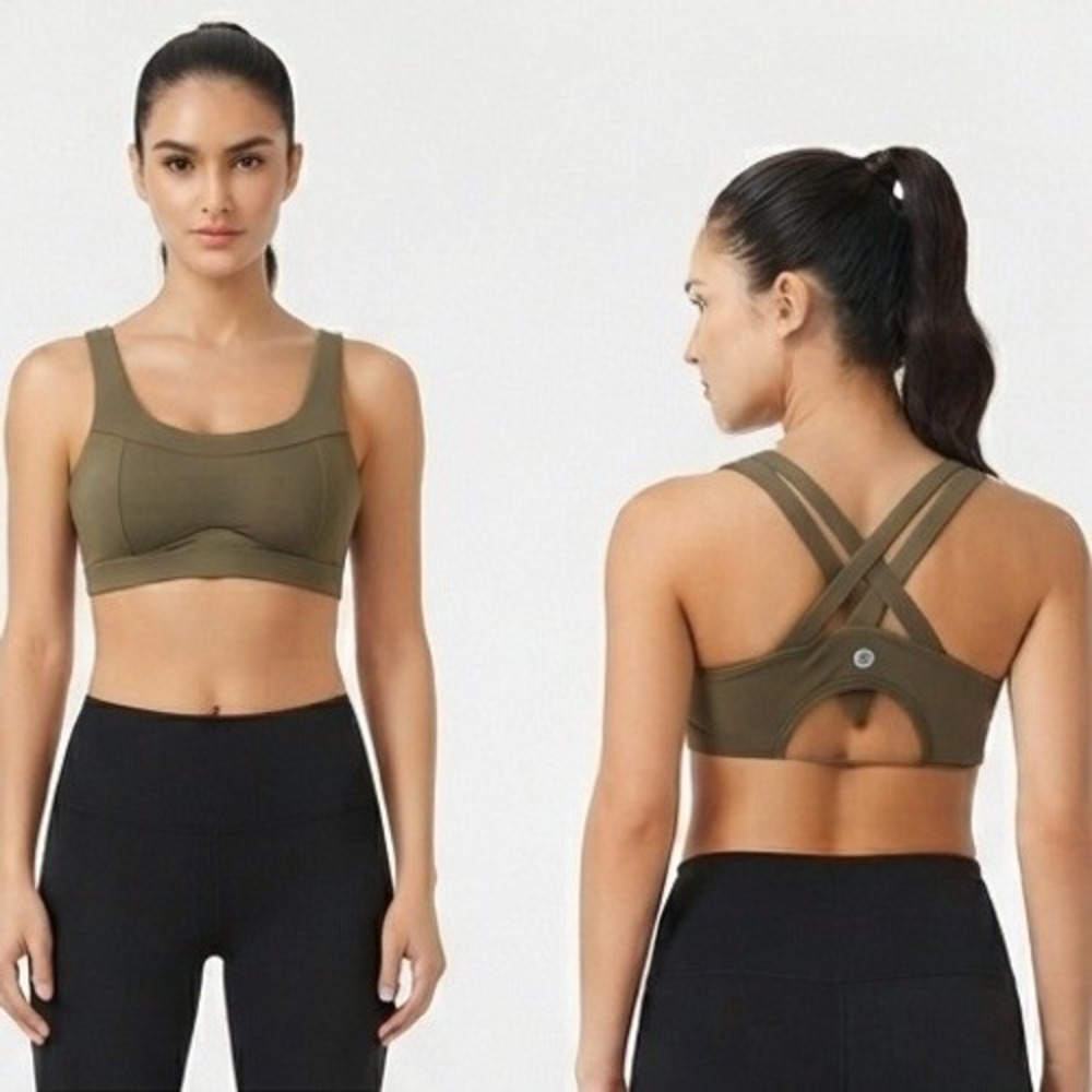 Lululemon Running Girl Sports Bra Olive Brown Cutout Back Activewear - Large